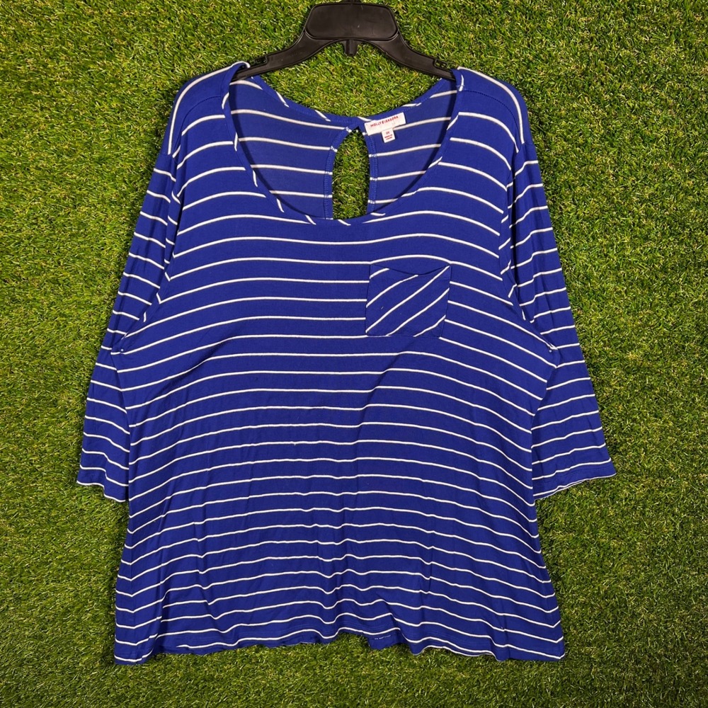 Molly & Isadora Womens 2X Blue White Striped Keyhole Back Knit‎ Top 3/4 Sleeve
